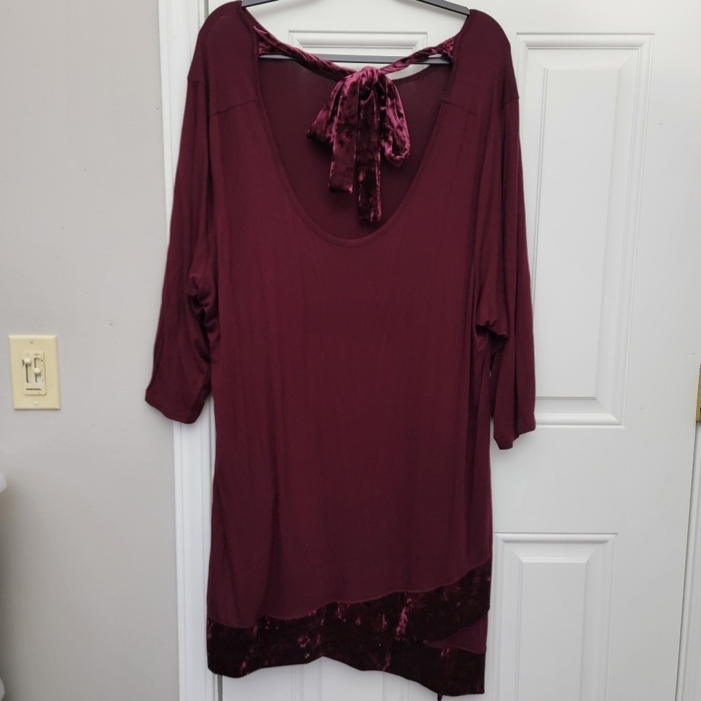 Cha Cha Vente Velvet Velour Trim Jersey Knit Burgandy Tunic Top Party Holiday 3X